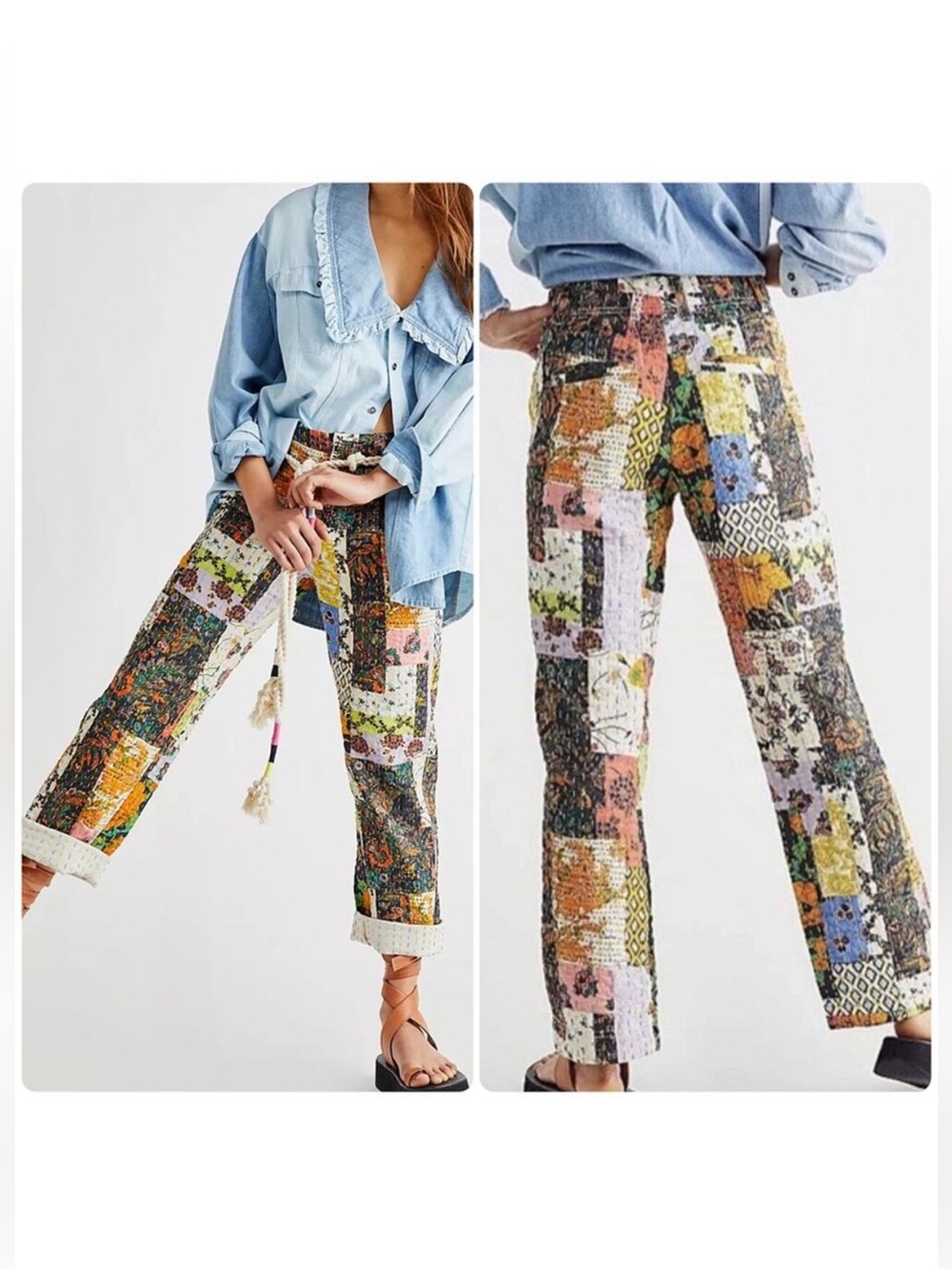 FreePeople Roads Merge Patchwork Quilted StraightLeg Pants Boho Cottagecore Rare